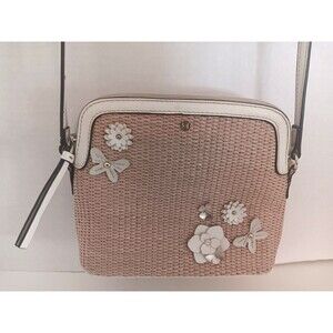 Liz Claiborne Woven Crossbody Floral Appliqué Purse Tan Spring